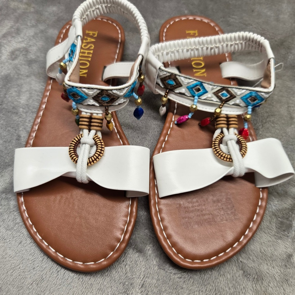 Fashion Kids White Boho Beaded Bow Sandals Elastic Slingback Flat Shoes Size 34